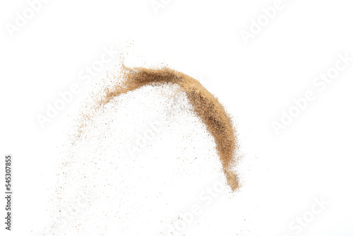 Sand flying explosion, Golden sand wave explode. Abstract sands cloud fly. Yellow colored sand splash throwing in Air. White background Isolated high speed shutter, throwing freeze stop motion, png