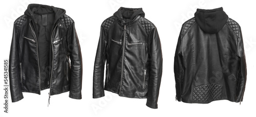 Leather biker jacket with a hood on a white background. Three views from different sides