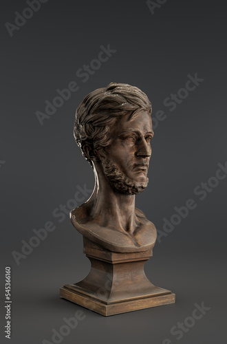 A bronze bust of Adam Mickiewicz (1798–1855), was the greatest poet of Polish Romanticism, 1800s. from side view, 3d Rendering