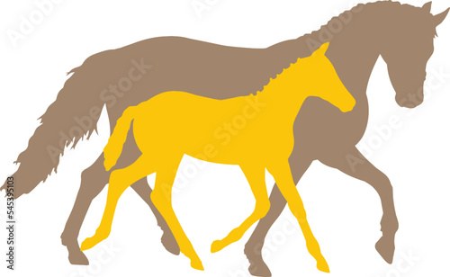 Foal trotting next to it's mother, yellow an brown silhouette illustrations isolated against white 