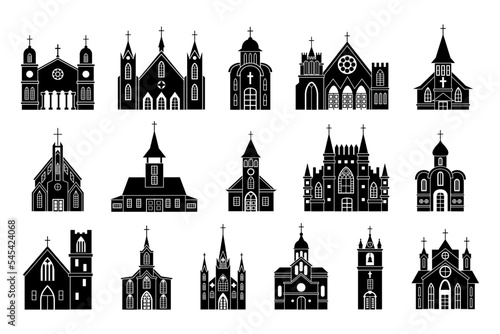 Church icons, chapel buildings silhouettes. Simple city exteriors, sanctuary basilica signs, garish religion. Temple facade. Catholic tower with bells. Vector graphic design illustration