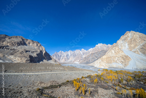 Autumn view of Passu Cones in the Gilgit Baltistan region of northern Pakistan. One of the most spectacular views on the Karakorum Highway is the Passu cones also known as Tupopdan and Passu Cathedral