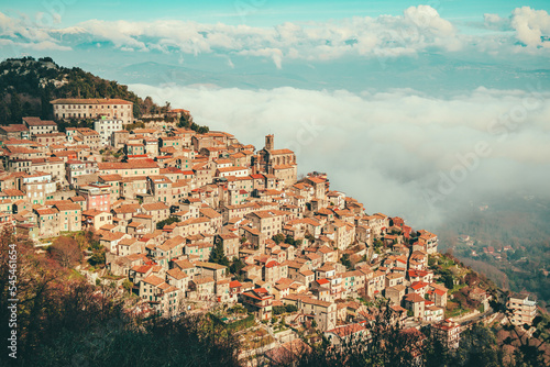 Bird's eye view of Patrica city on a green hill in Frosinone province, Lazio, Italy