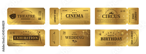 Vintage old ticket. Golden coupon template. Theatre or cinema entry pass. Movie event admit. Circus or exhibition card design with separation line. Vector party admission badges set
