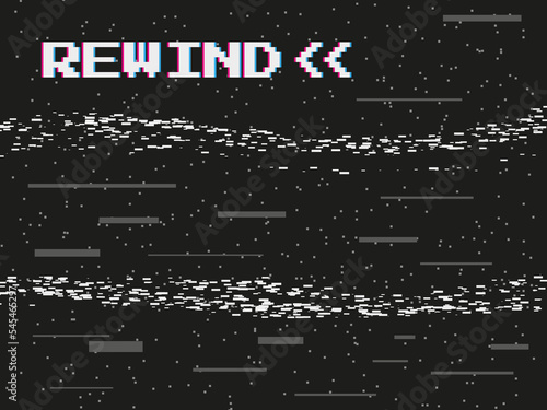 VHS rewind. Glitch video distortion effect. Play noise. Player interface with arrow sign. Television videogame pixels. Grainy black display. Dark abstract background. Vector concept