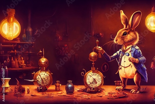 Victorian Steampunk Rabbit Inventor in His Cluttered Workshop. Clockmaker Bunny in a Waistcoat with Pocket Watch. (3D Digital Illustration, Fantasy Wallpaper, Holiday Card, Invitation, or Postcard.