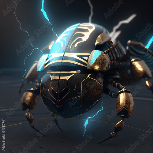 Video game character design. Black gold electric magical scarab beetle.
