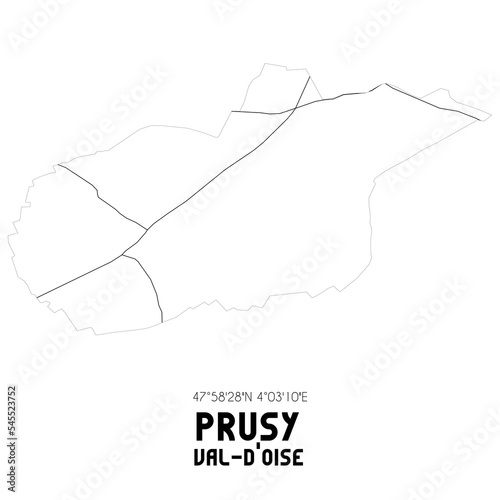 PRUSY Val-d'Oise. Minimalistic street map with black and white lines.
