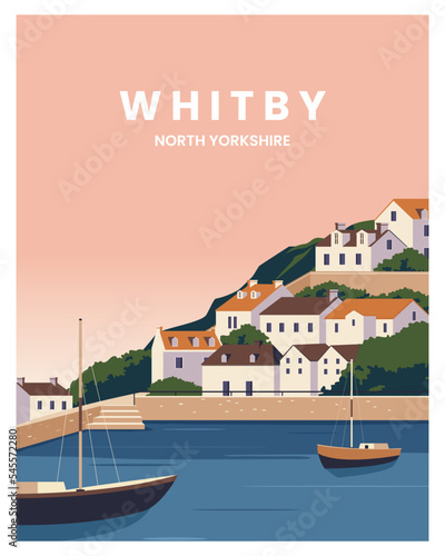 Sunset at Whitby harbour and town landscape background. travel to whitby north Yorkshire. Vector illustration with flat style suitable for poster, card, postcard, art print