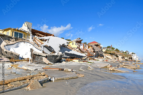 Oceanfront homes and seawalls heavily damaged during Hurricane Nicole and Ian in Daytona Beach area of Volusia County, Florida 