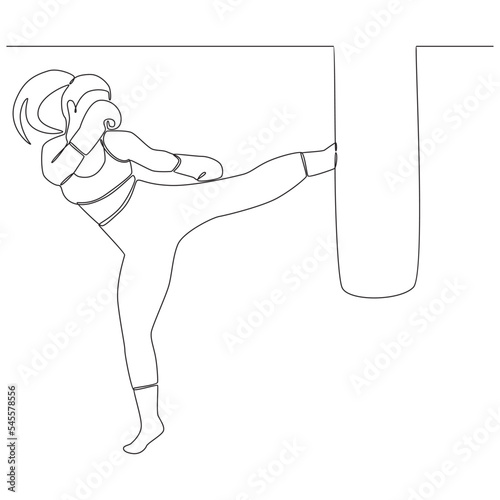 kickboxing woman practicing continuous line drawing vector line art illustration