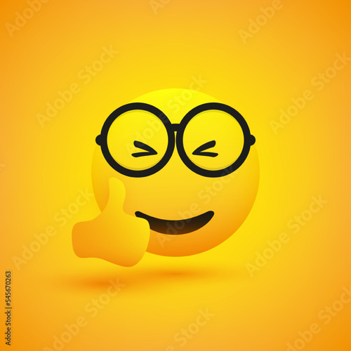 Smiling Cheering Amused Shiny Happy Satisfied Young Male Emoji Wearing Glasses Showing Thumbs Up and Enjoyment - Simple Emoticon on Yellow Background - Vector Design