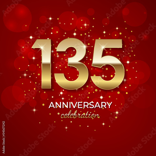 135th Anniversary. Golden number 135 with sparkling confetti and glitter for celebration events, weddings, invitations and greeting cards. Realistic 3d sign. Vector festive illustration