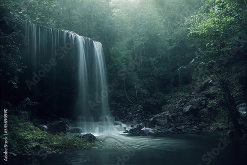 Tropical waterfall on exotic island. Deep exotic forest. Waterfalls.