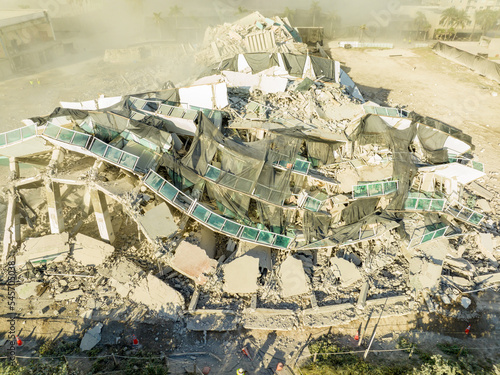Aerial drone photo of the Deauville Hotel moments after it's implosion