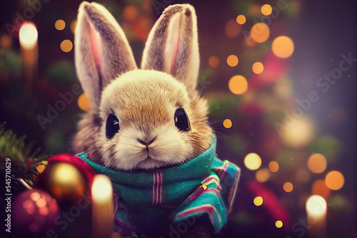 Cute little bunny wearing a green scarf on a Christmas tree background, AI generated image