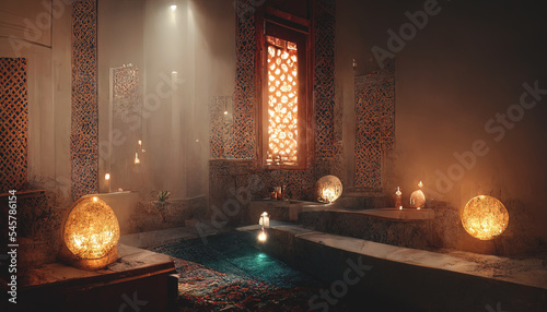 Ancient interior Turkish bath, frescoes on the walls, baths, oriental lanterns. Fantasy Turkish palace interior. 