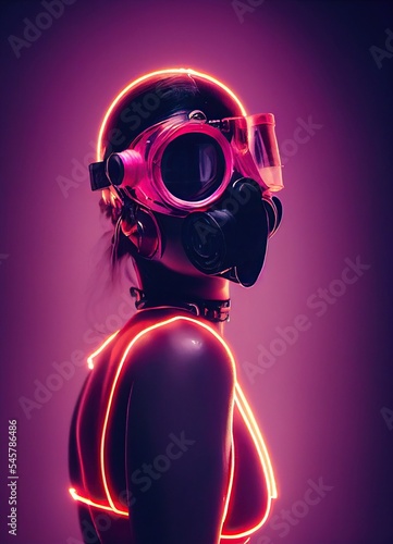 Black and pink neon fetish gas mask portrait. Latex and leather. BDSM style.