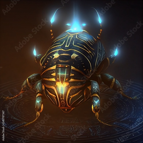 Beautiful intricate neon glowing scarab beetle artifact. Egyptian fantasy ancient object.