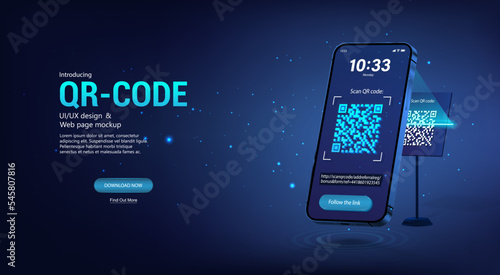 Scanning the QR code through a smartphone at the stand. Verification QR code. Concept following a link. 3D smartphone scans the barcode from the stand, receives a link. Vector banner barcode concept