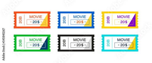 Movie ticket vector design template. Coupon pass festival paper symbol. Six colorful concept.