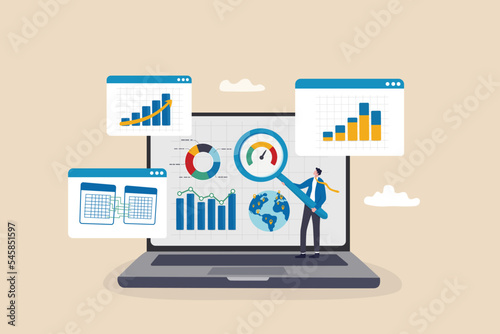 Market research data analysis, analyze business data or financial report, SEO analytics or profit and earning concept, businessman analyst with magnifying glass analyze data on computer laptop.