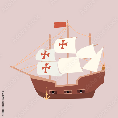 Caravel Ship Navigation. Sailing ship floating on the sea waves. Vector illustration