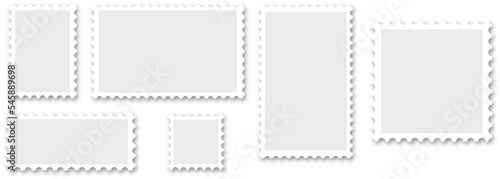 Postage stamp set. Realistic post stamps set with realistick shadow. Blank Postage Stamps on transparent background. PNG image