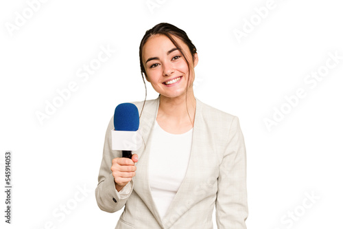 Young TV presenter caucasian woman isolated on green chroma background happy, smiling and cheerful.