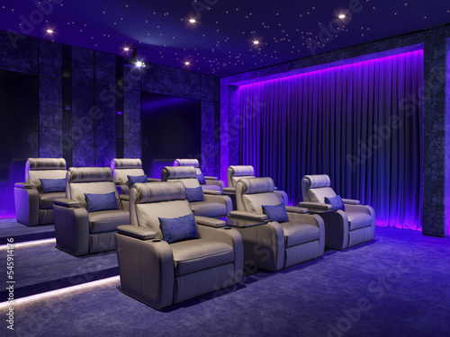 3d render of a chic home cinema room with blue hidden lights and velvet armchairs with table lamps and a big movie screen. The ceiling is covered by stars 