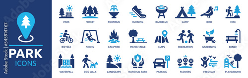 Park icon set. Containing forest, barbecue, camp, bench, picnic and playground icons. Park leisure and outdoor activity symbols. Solid icon collection.
