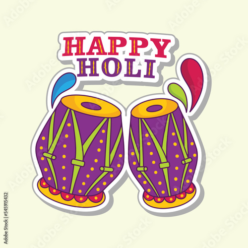 Happy Holi Text With Tabla And Arc Drop On Cosmic Yellow Background For Festival Celebration Concept.