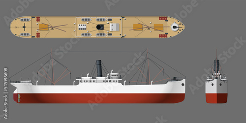 Steamer drawing. 3d steamship industrial blueprint. Ship view top, side and front. Isolated steamboat. Cargo water transport
