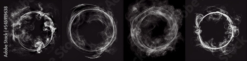 Smoke rings. Abstract realistic vape round symbol. Steam frame after cigarette, pipe or hookah smoking. Puffing, realistic fog flowing in round border
