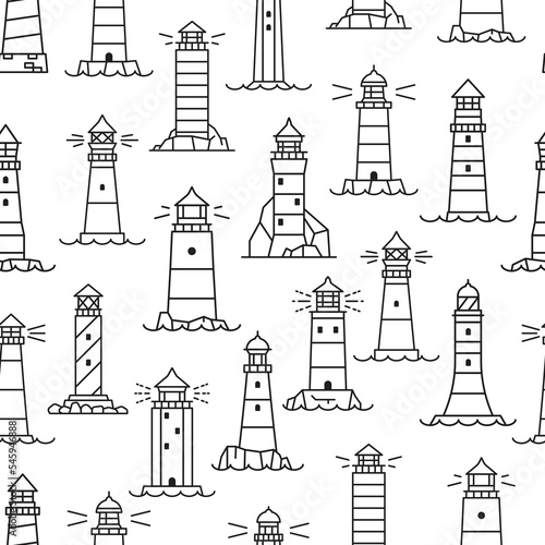 Lighthouse and beacon silhouette seamless pattern. Nautical wallpaper, sailing and sea travel outline vector background. Marine textile print with lighthouse building on seacoast rock