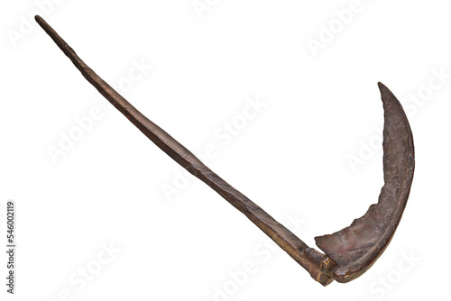 Ancient rusted brown metal scythe