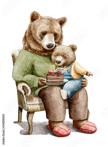 Watercolor vintage little bear son sits on father lap on armchair and blows out candle on pease of Birthday cake isolated on white background. Hand drawn illustration sketch