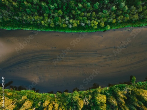 Aerial view of the muddy-brown river surrounded by green vegetation.