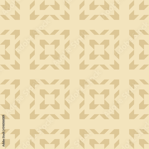 Gold vector geometric seamless pattern with tribal ethnic motif. Modern folk ornament. Simple abstract golden texture with grid, lattice, squares, floral shapes. Vintage style luxury repeat background