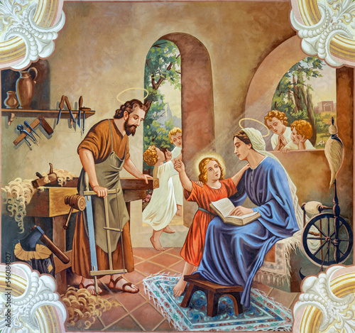 SEBECHLEBY, SLOVAKIA - OKTOBERT 8, 2022: The fresco Holy Family in St. Michael parish church by Jozef Antal (1963).