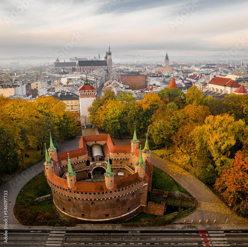 Barbican and Old Town in Krakow in autumn scenery