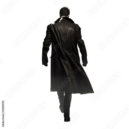 Man walking away wearing a black trench coat. Black leather coat. Handsome mysterious man back view. Transparent background. Isolated clipping path. 