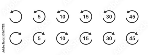 Rewind and fast forward icons with circle arrows and 5, 10, 15, 30 second numbers. Round repeat and next buttons isolated on white background. Player playback elements set. Vector graphic illustration