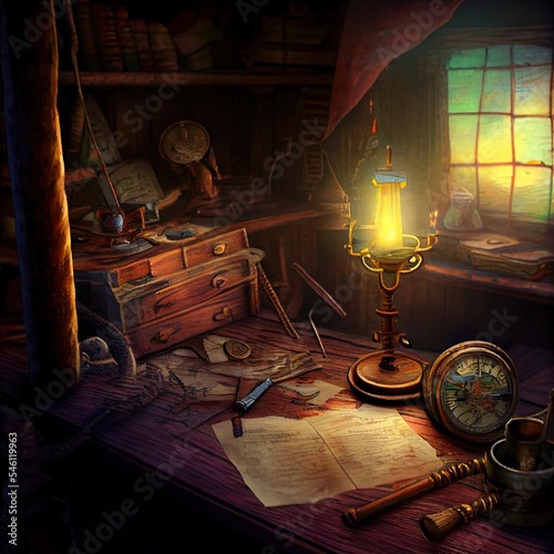 An ancient pirate map in the cabin of a pirate ship. Image of an ancient ancient pirate map. An ancient paper pirate scroll. 3d rendering