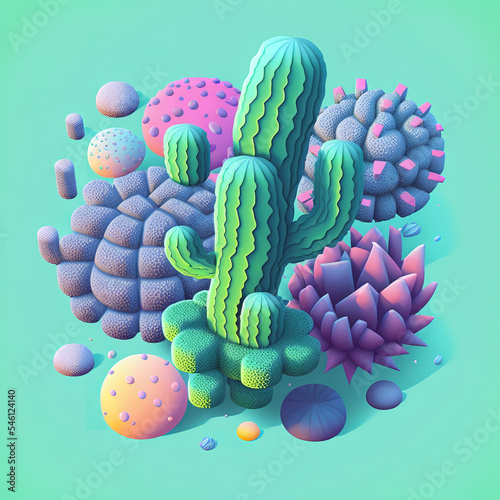 knolling 3d illustration of cactus squishy puffy texture in cozy colors