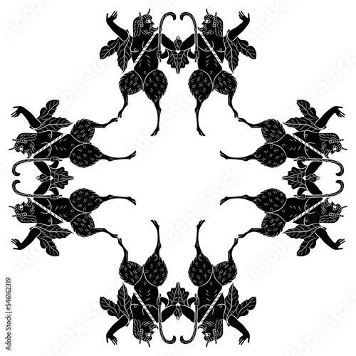Rectangular square frame with dancing satyrs. Coptic motif. Ancient Greek mythology. Black and white silhouette.
