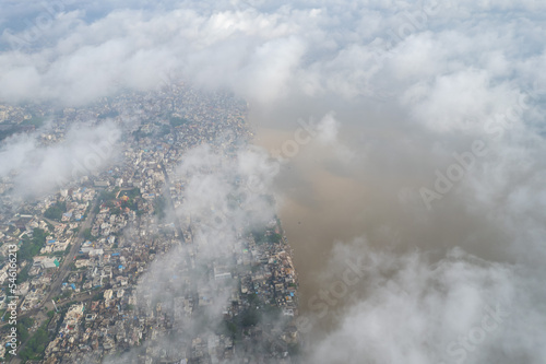 Aerial view of Varanasi city with Ganges river, ghats, the houses in Varanasi, Banaras, Uttar Pradesh, India