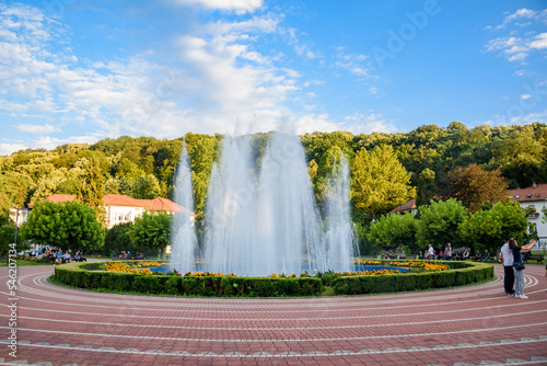 Loznica, Serbia - July 12, 2022: Medical wellness center Banja Koviljaca, Serbia. Beautiful fountain in center of Banja Koviljaca.