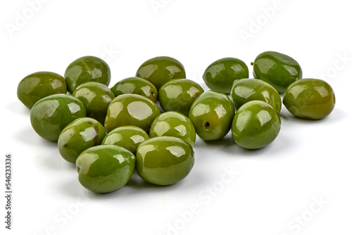 Fresh green olives, isolated on white background.