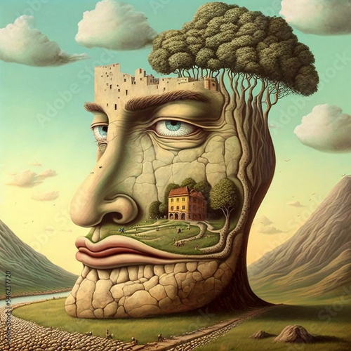 Surrealistic Face Landscape, Nature landscape in a human face, Surreal Painting, World inside human head, Woman Portrait